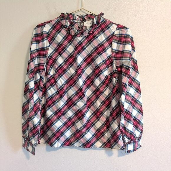 J Crew BM029 NWT Size XXS White Tartan Plaid Cotton-Blend Ruffle-Neck Top - Picture 1 of 9
